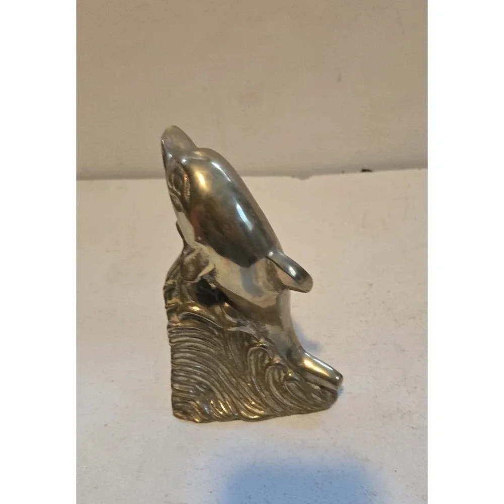 Vintage Solid Brass Dolphin Riding Wave Nautical Bookend Figurine Statue Decor